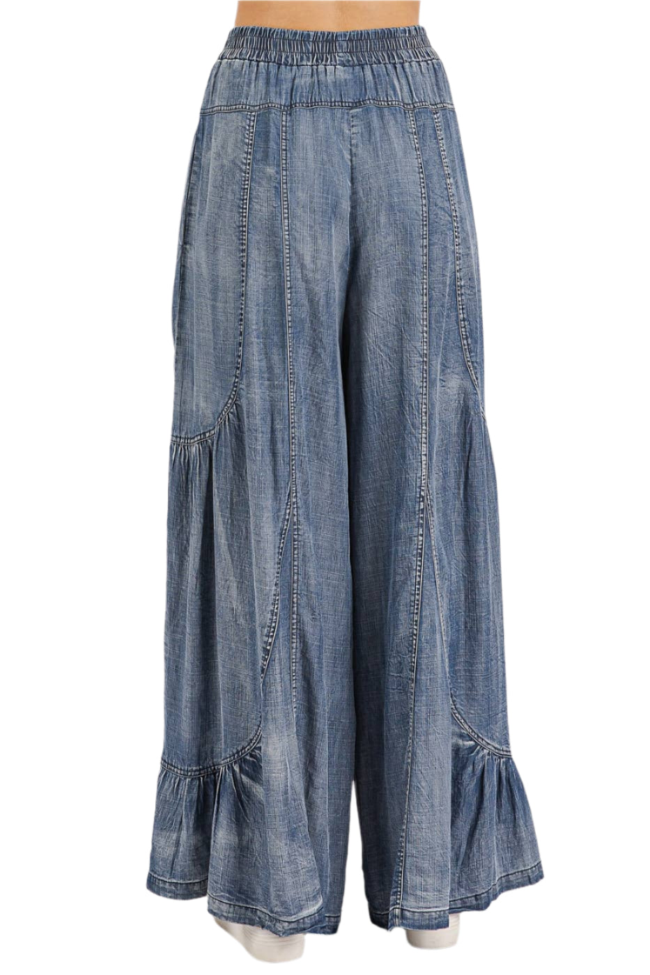 WASHED CHAMBRAY TIER DETAIL WIDE LEG PANTS: DENIM