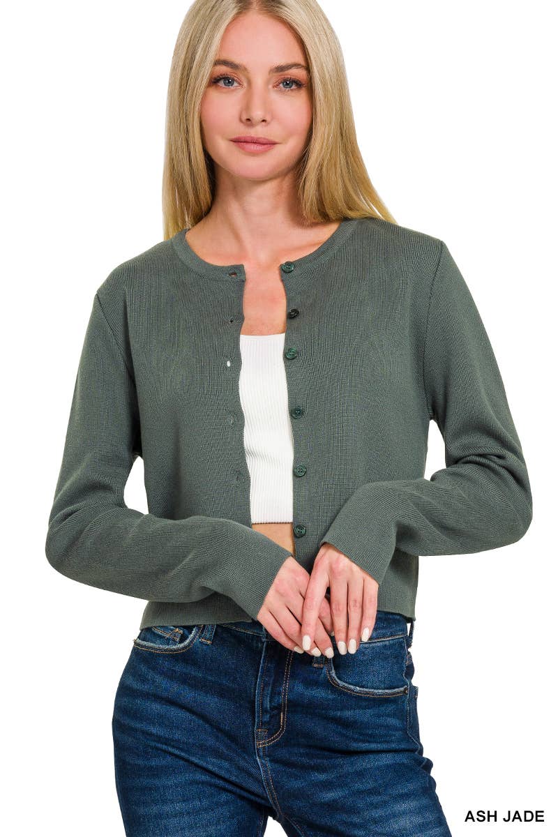 7 Button Crewneck Long Sleeve Cardigan: IVORY / 2-2-2 (S-M-L)
