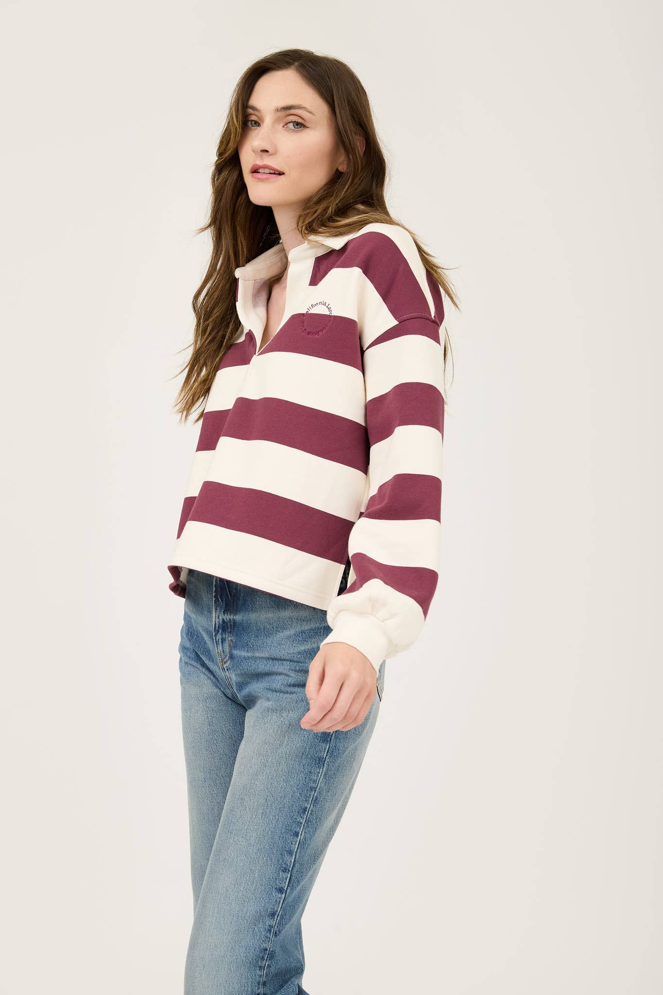 STRIPE COLLARED LONG SLEEVE POLO KNIT TOP: OXBLOOD