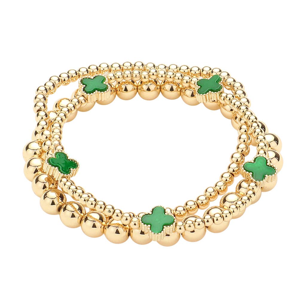 3PCS - Quatrefoil Station Metal Ball Beaded Multi Bracelets: Green