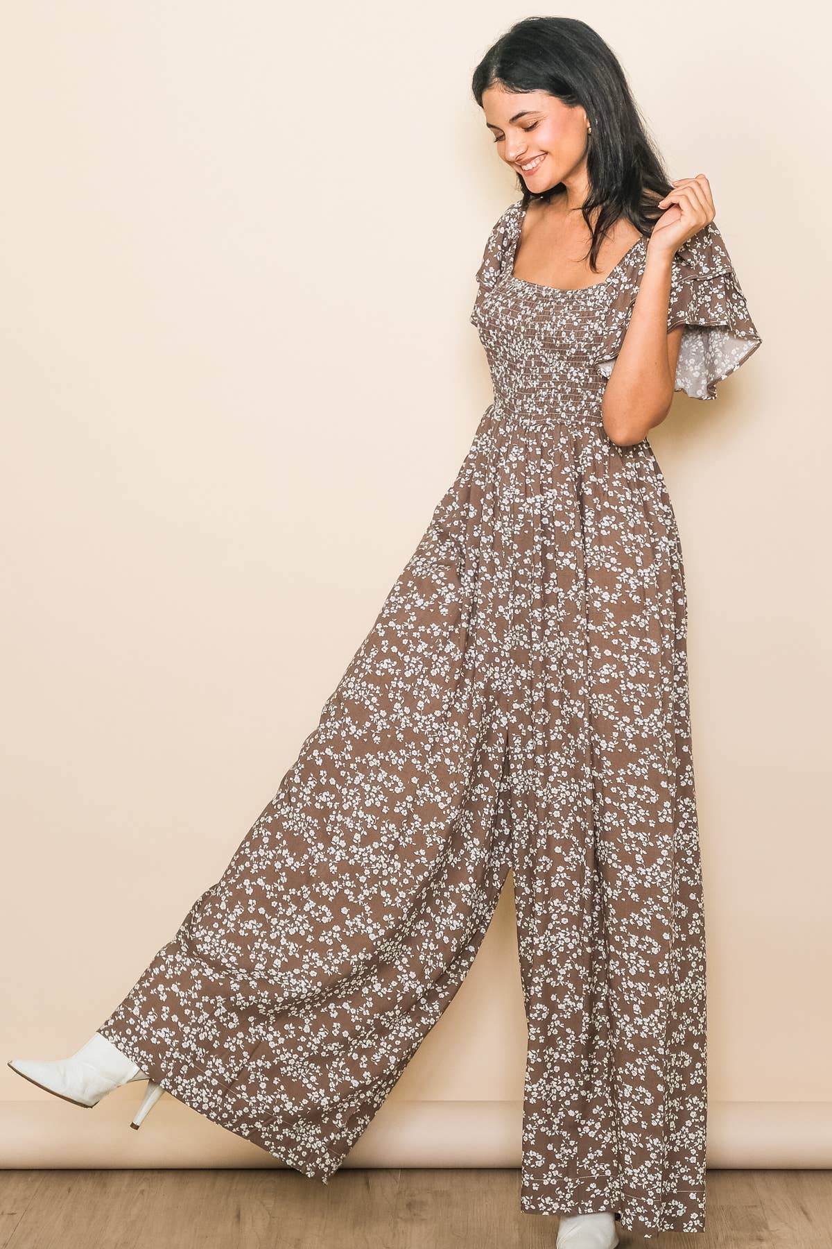 Flutter Sleeve Extra Wide Leg Jumpsuit: Sage / L