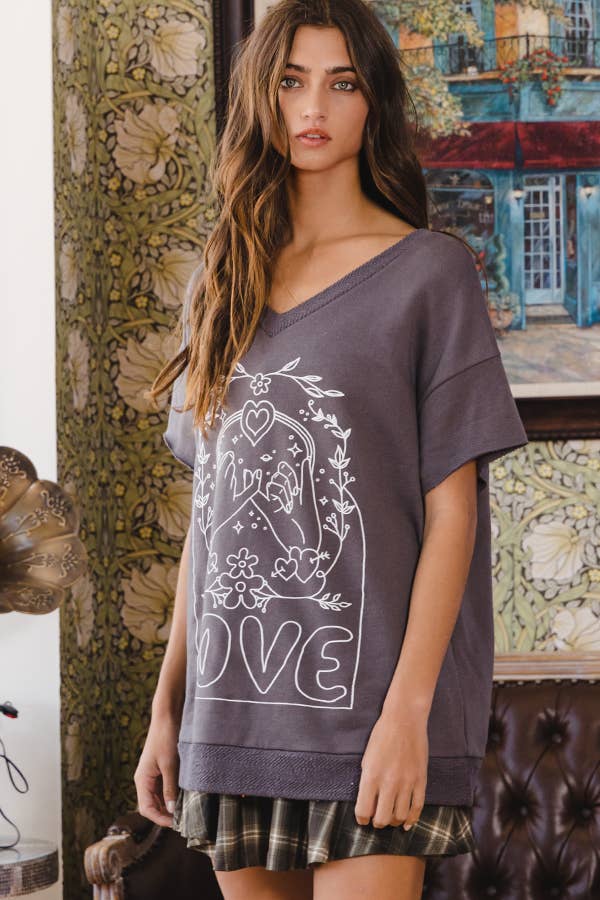 T1277-1 Love Graphic French Terry Loose Fit T-shirt: ASH GREY / S-M-L (2-2-2)