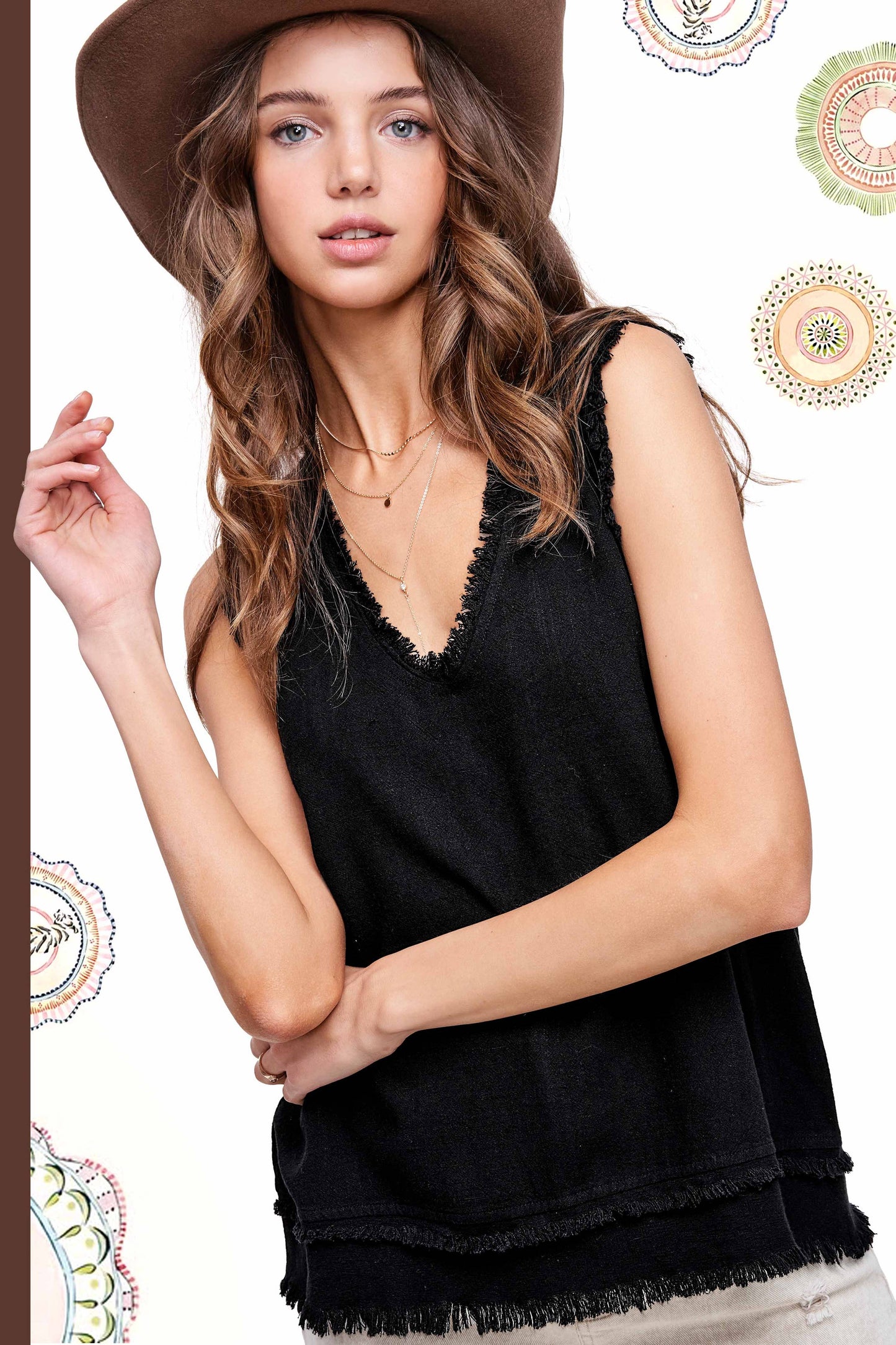 HBT7635-Soft Washed Gauze Cut Edge Sleeveless V-neck Top: Candy / L