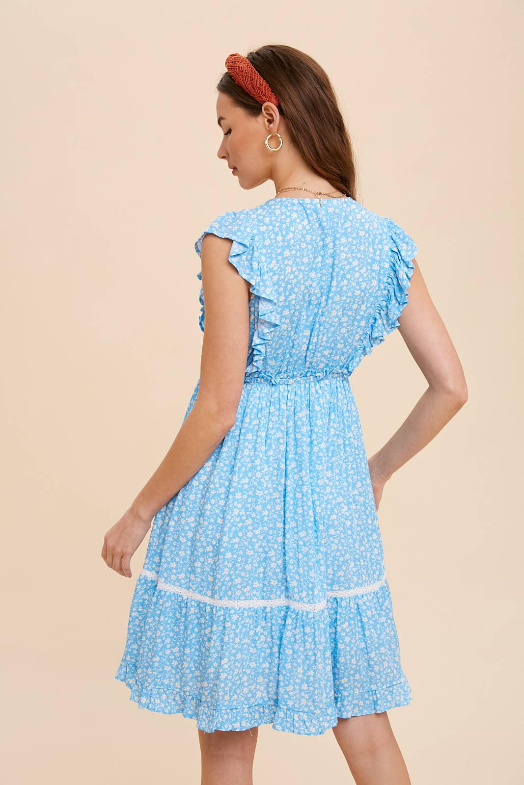 FLORAL RUFFLED LACE TRIM DRESS: CORNFLOWER / L