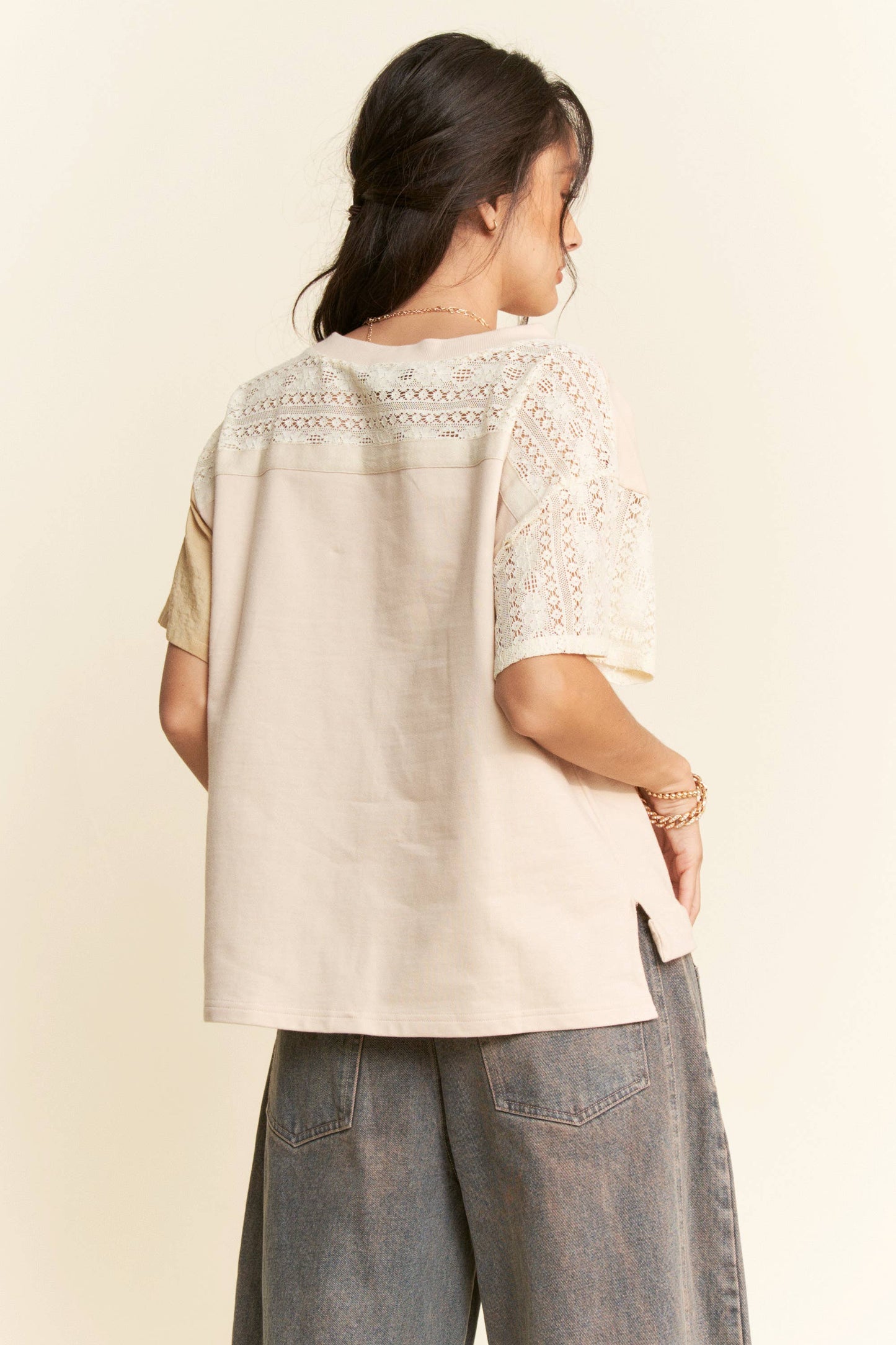 PLUS PATCH WORK MULTI BODICE SHORT SLEEVE TOP: NATURAL MULTI / 1XL