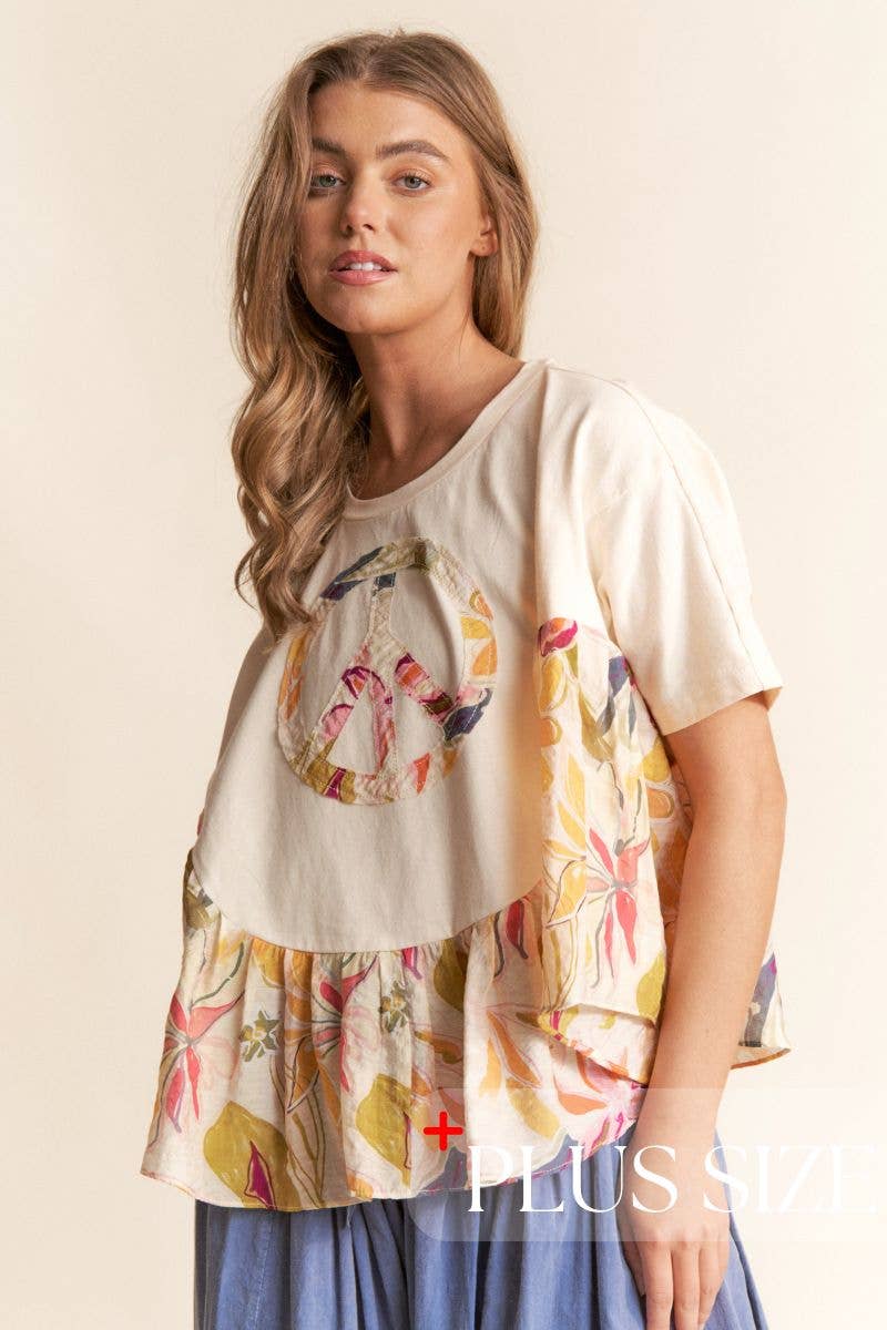 Floral Print PEACE Logo Flowy Top 1X-3X: Egg Shell / 1XL
