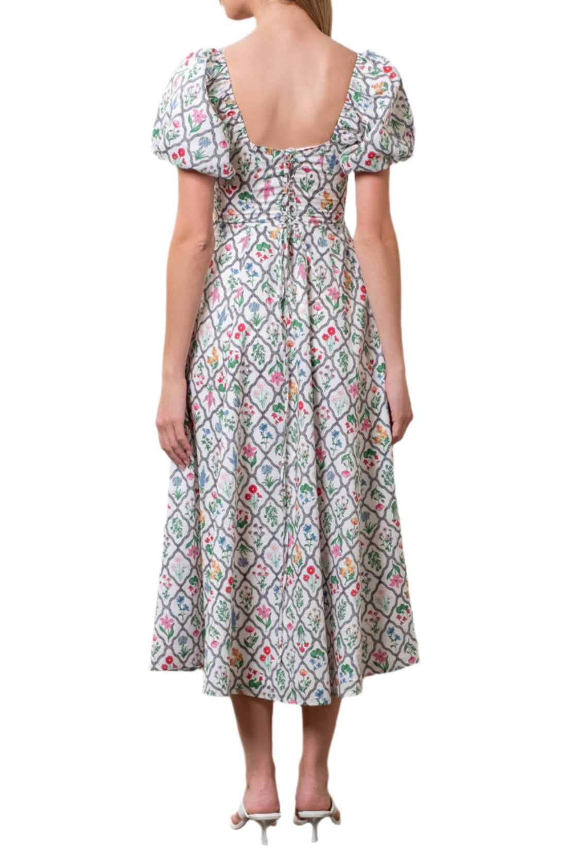 FLORAL BOUQUET PUFF SLEEVE CORSET MIDI DRESS: IVORY