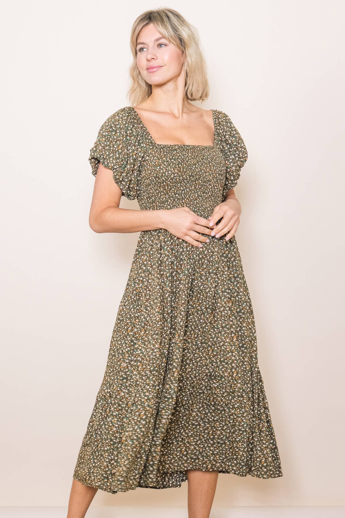 Vintage Tiny Floral Flattering Midi Dress: Cream / L