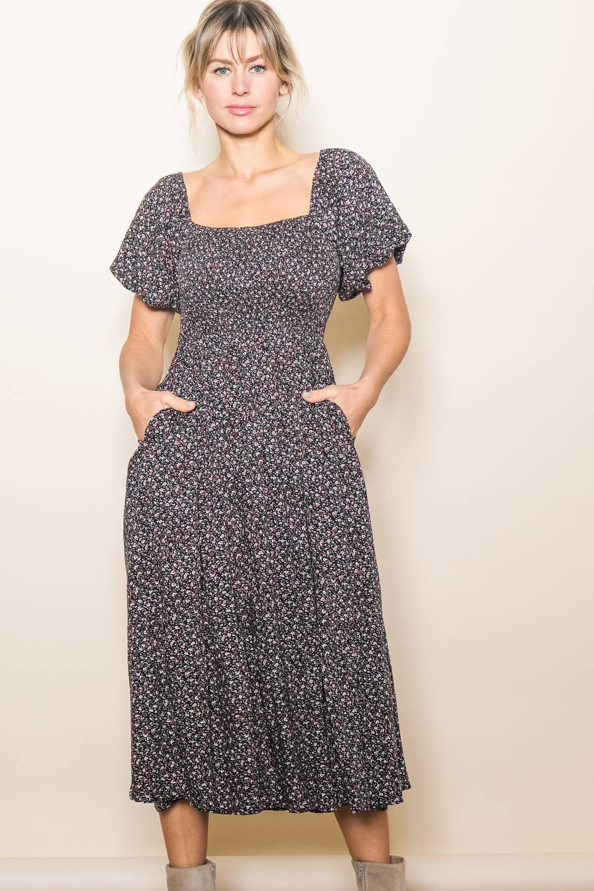 Vintage Tiny Floral Flattering Midi Dress: Cream / L