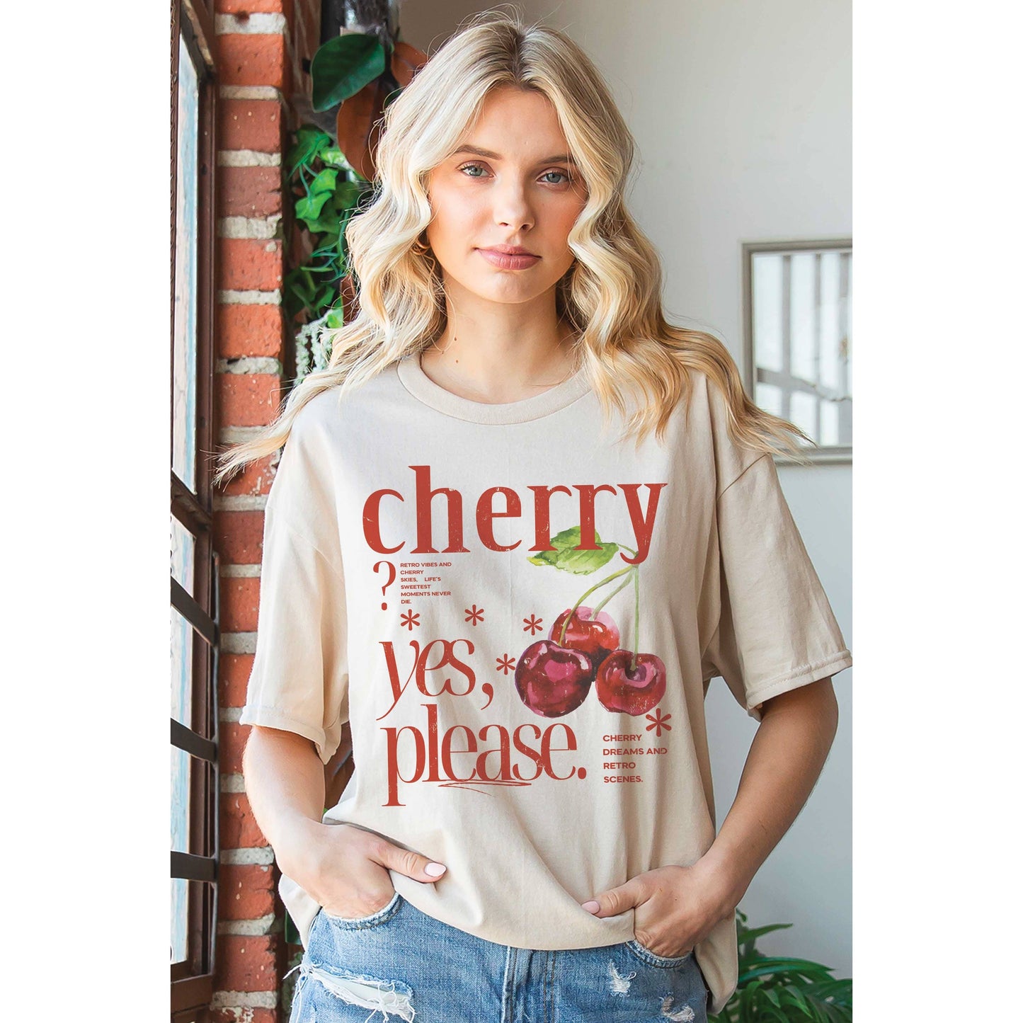 CHERRY? YES, PLEASE. Oversized Graphic Tee: WHITE / S/M