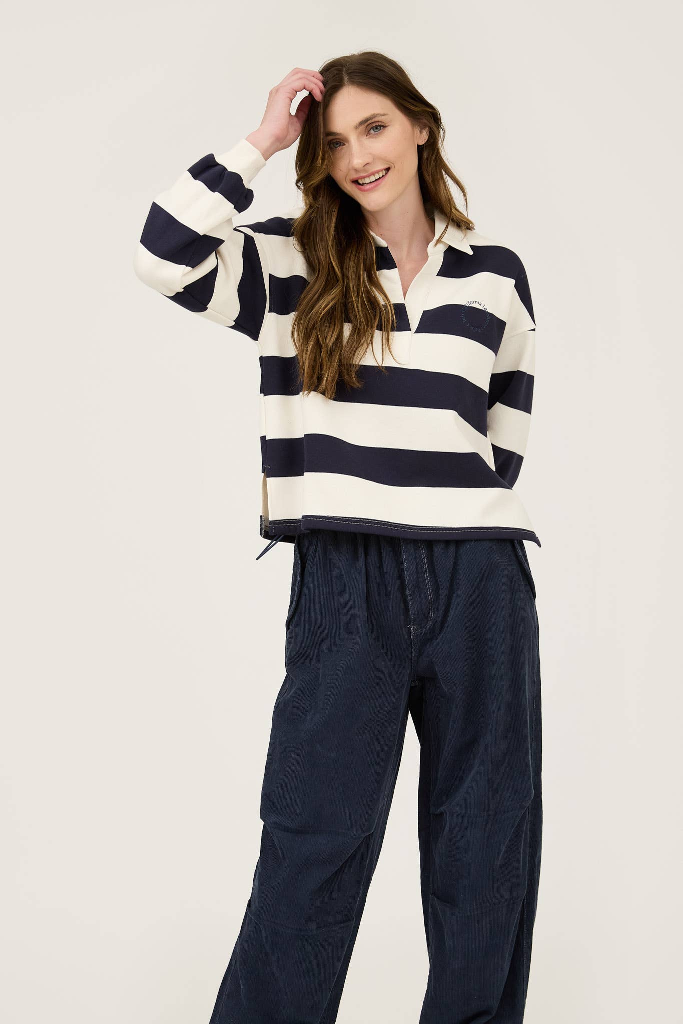 STRIPE COLLARED LONG SLEEVE POLO KNIT TOP: OXBLOOD