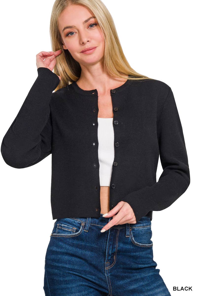 7 Button Crewneck Long Sleeve Cardigan: IVORY / 2-2-2 (S-M-L)