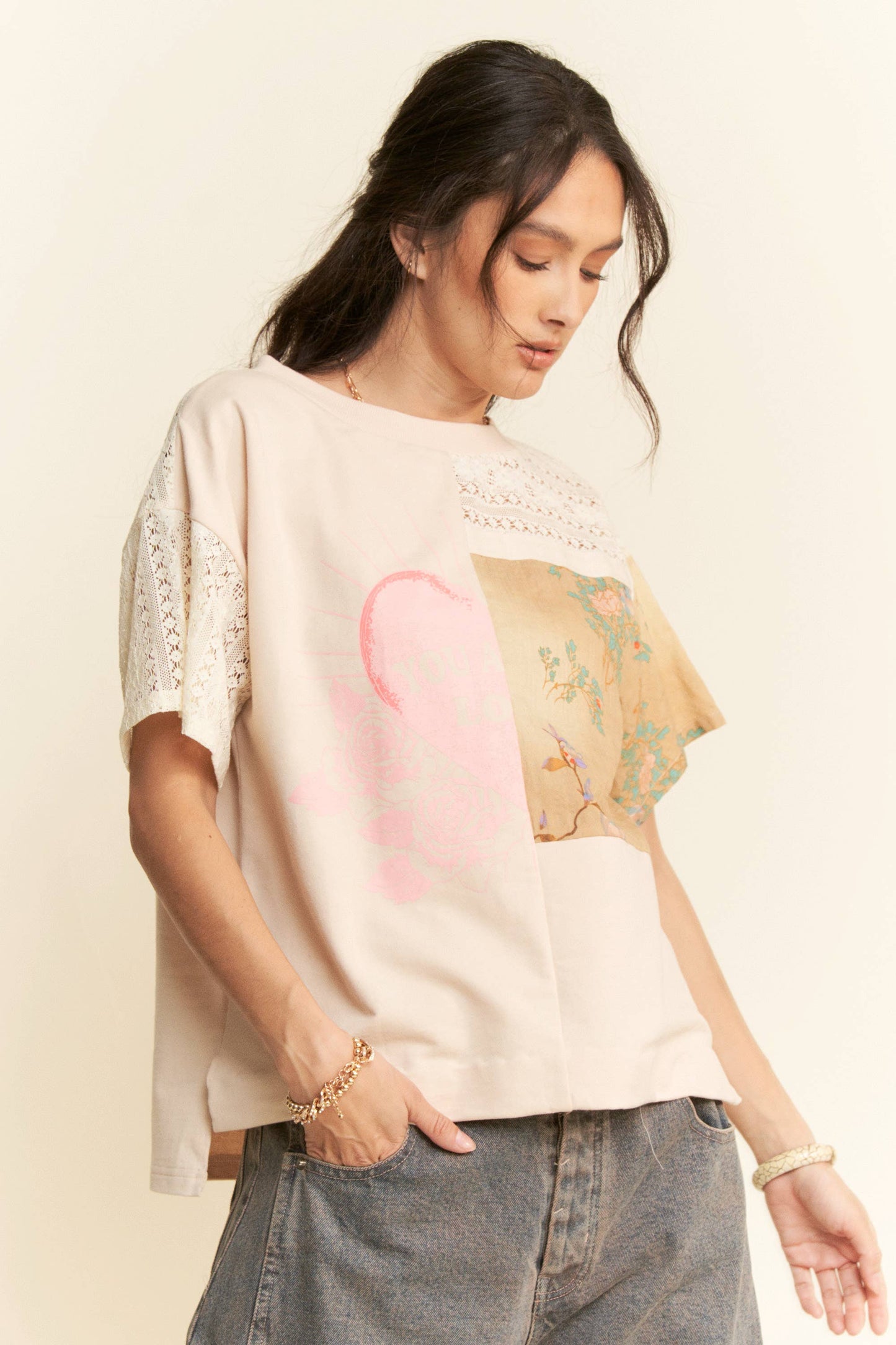 PLUS PATCH WORK MULTI BODICE SHORT SLEEVE TOP: NATURAL MULTI / 1XL