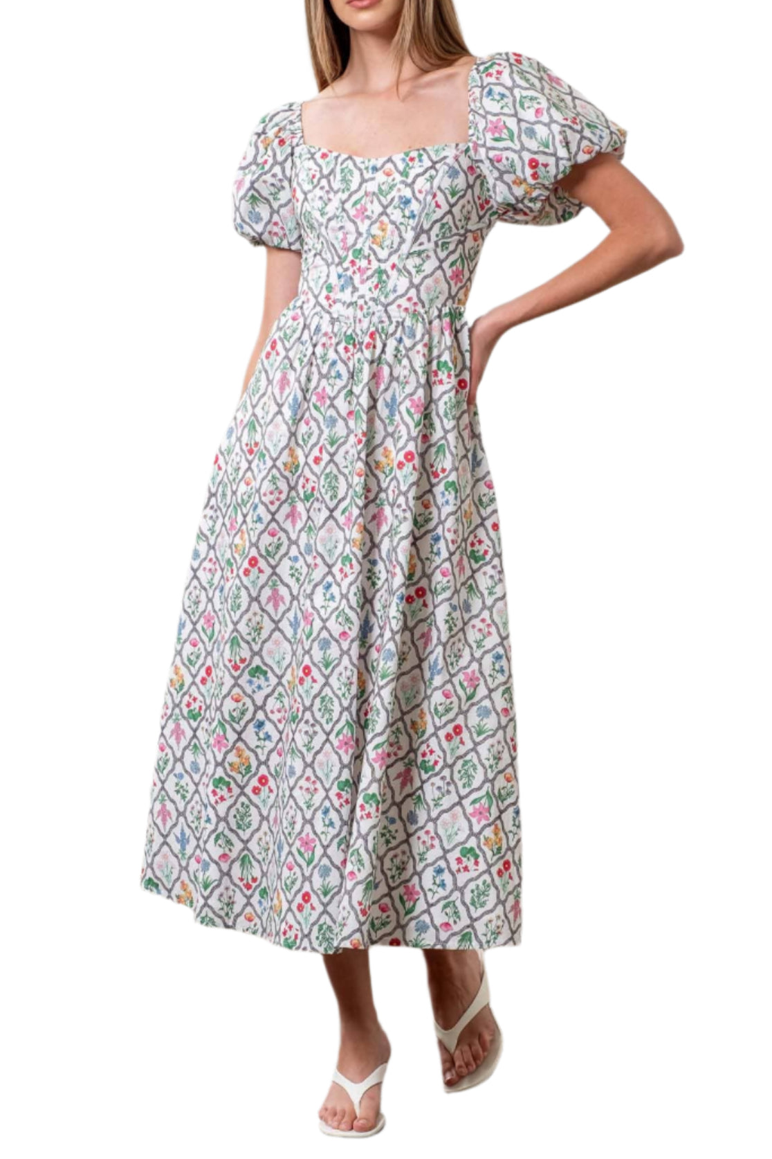 FLORAL BOUQUET PUFF SLEEVE CORSET MIDI DRESS: IVORY