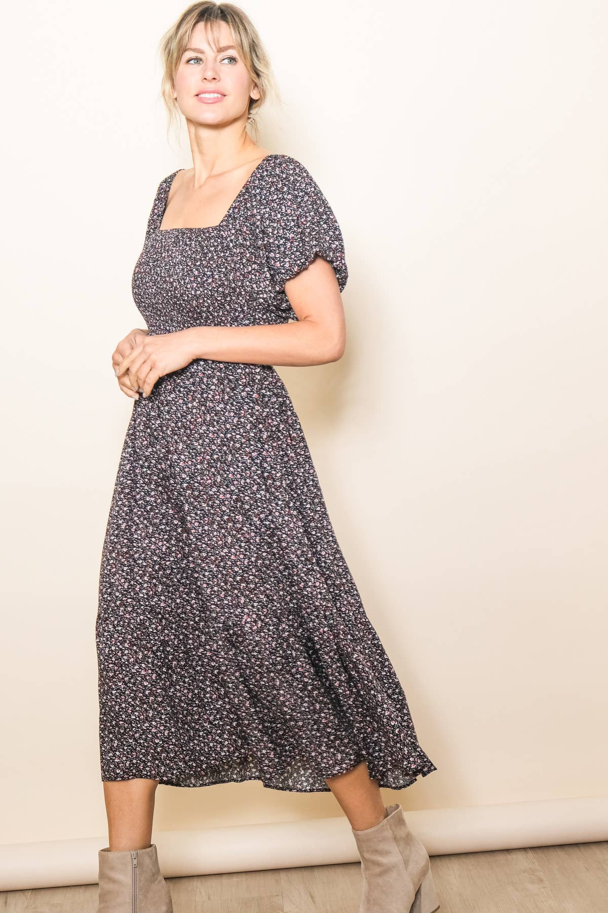 Vintage Tiny Floral Flattering Midi Dress: Cream / L