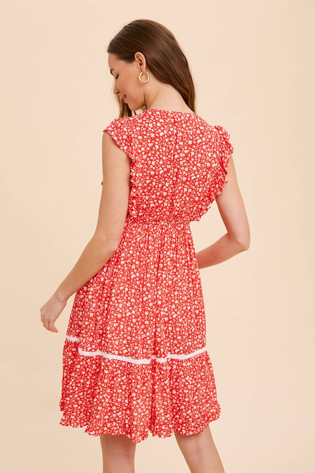 FLORAL RUFFLED LACE TRIM DRESS: CORNFLOWER / L