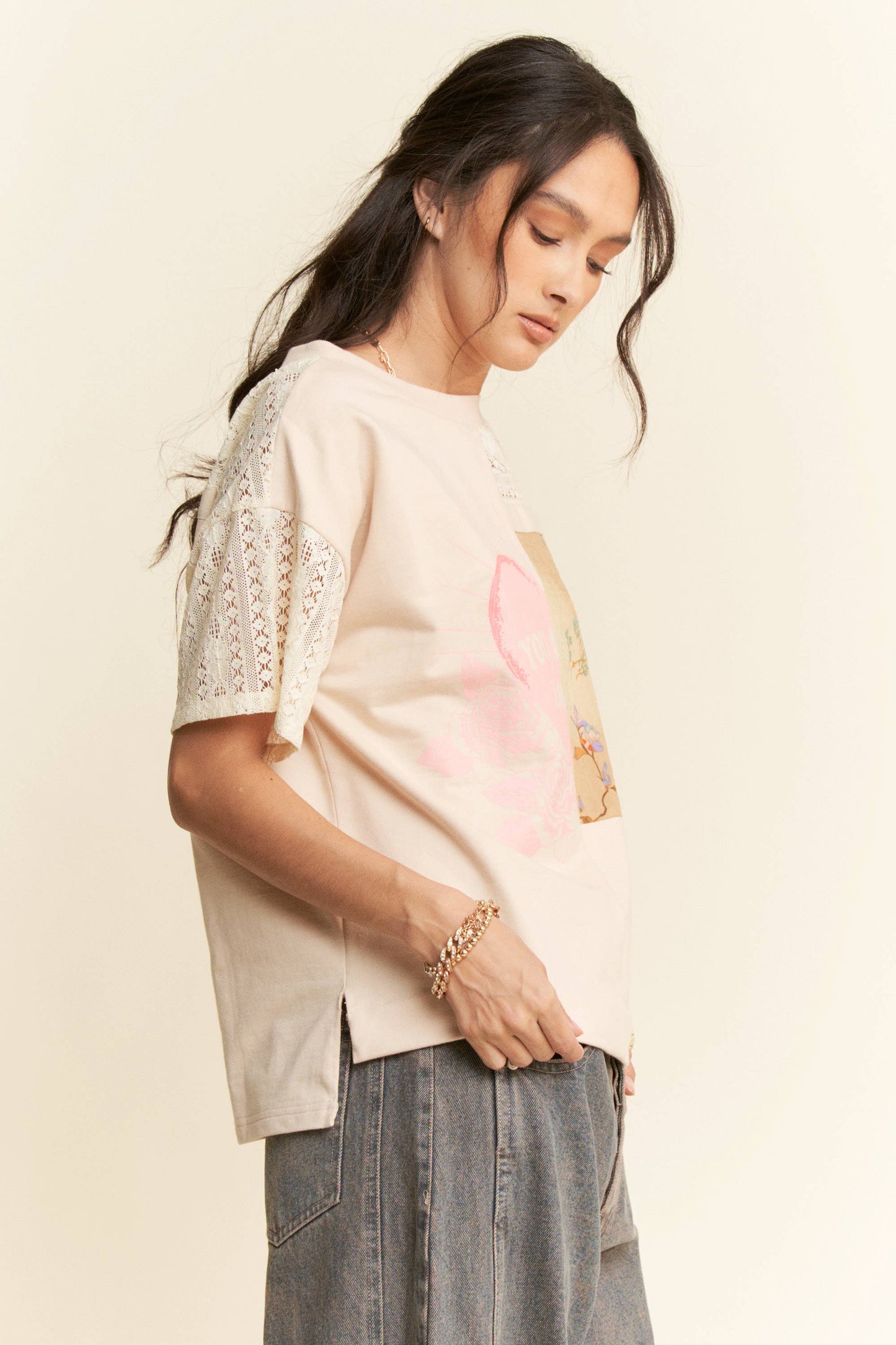 PLUS PATCH WORK MULTI BODICE SHORT SLEEVE TOP: NATURAL MULTI / 1XL
