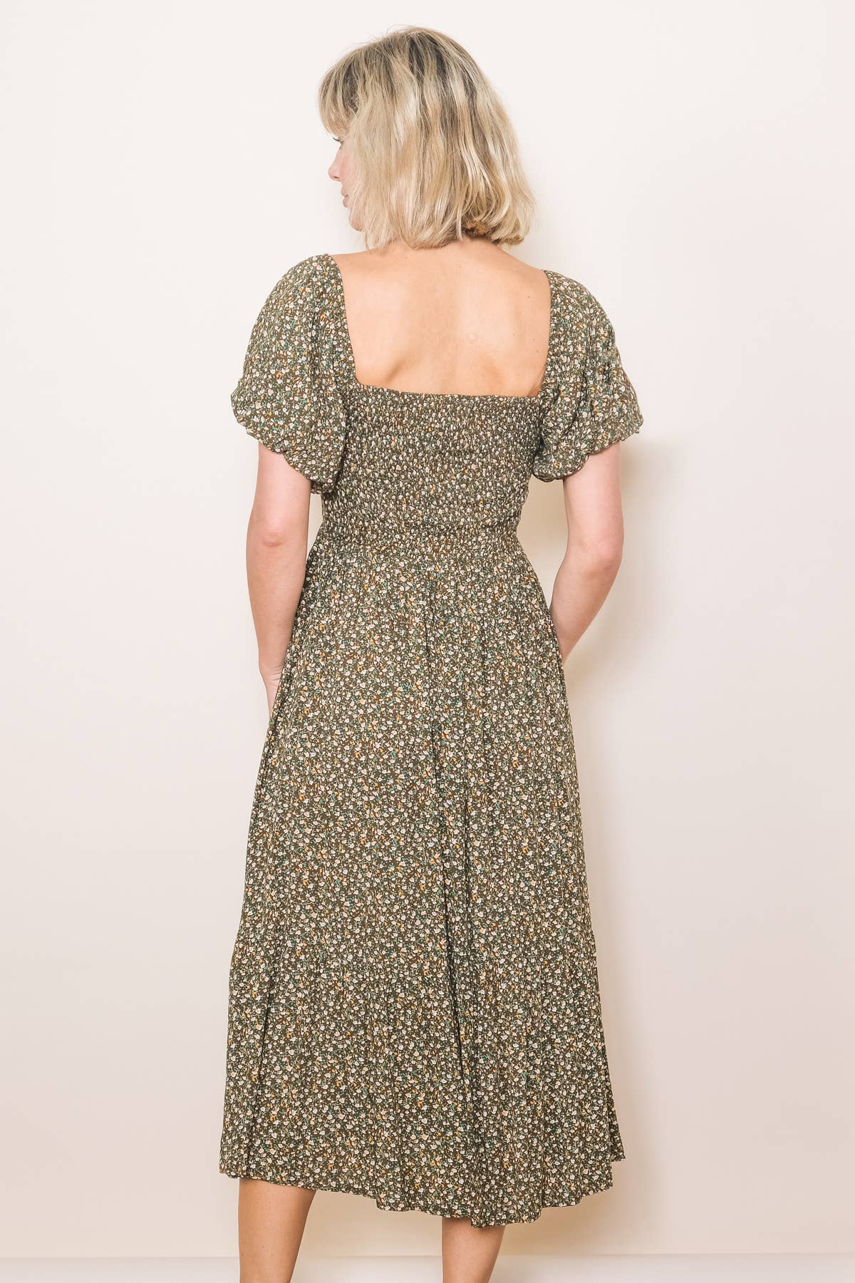 Vintage Tiny Floral Flattering Midi Dress: Cream / L
