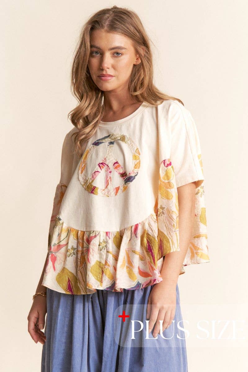 Floral Print PEACE Logo Flowy Top 1X-3X: Egg Shell / 1XL