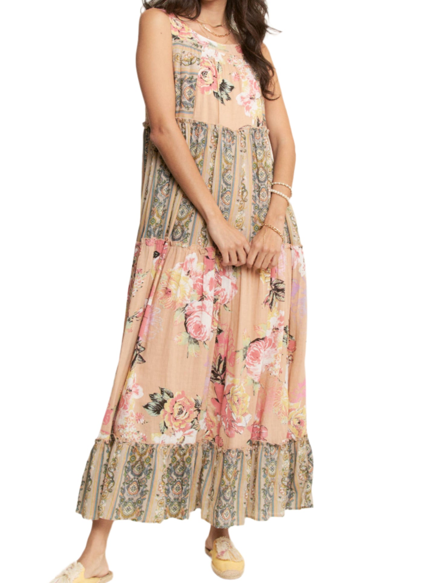 FLORAL BOHO STRIPE MIXED FULL SKIRT MIXI DRESS PINK BEIGE