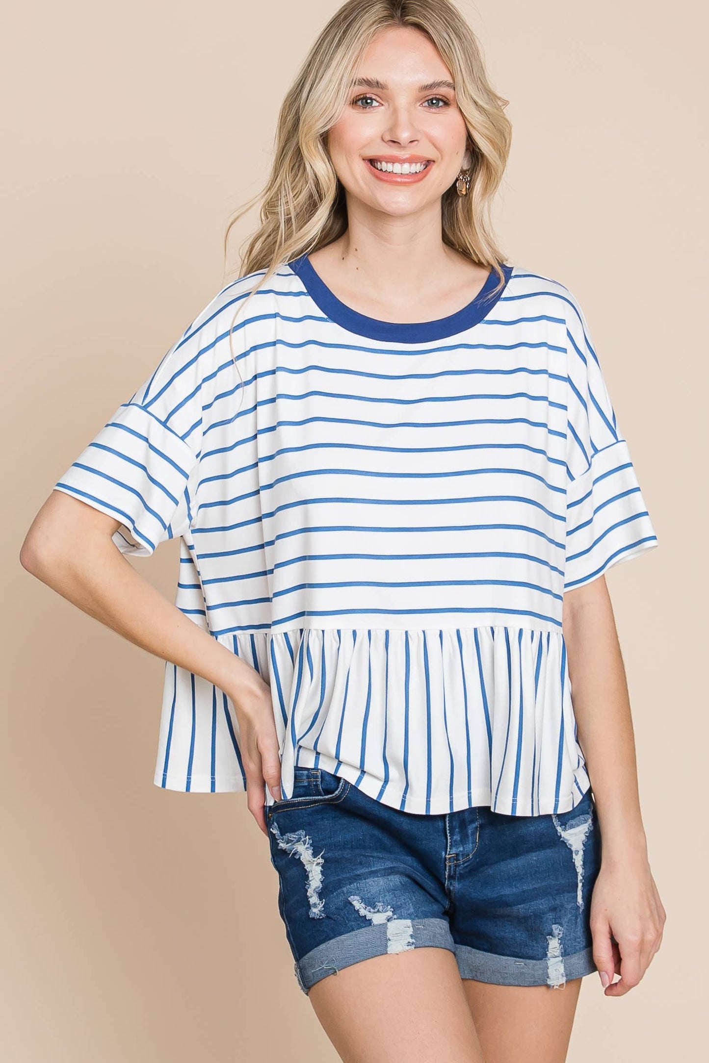 Plus Size Striped Babydoll Short Sleeve Top: Denim