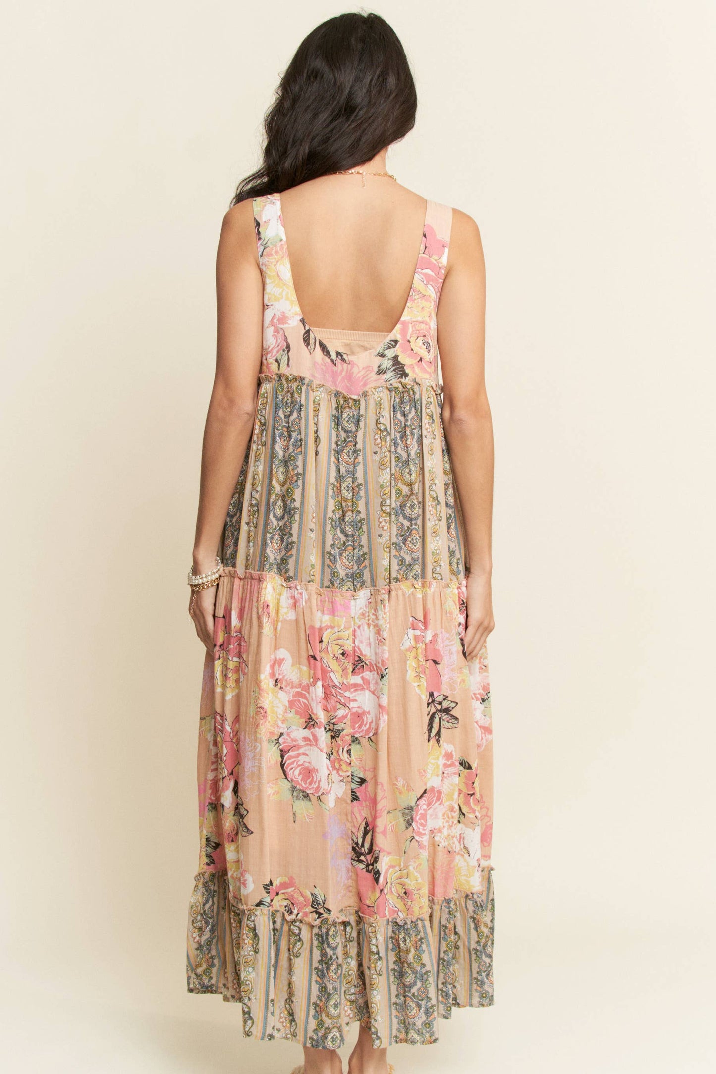 FLORAL BOHO STRIPE MIXED FULL SKIRT MIXI DRESS PINK BEIGE