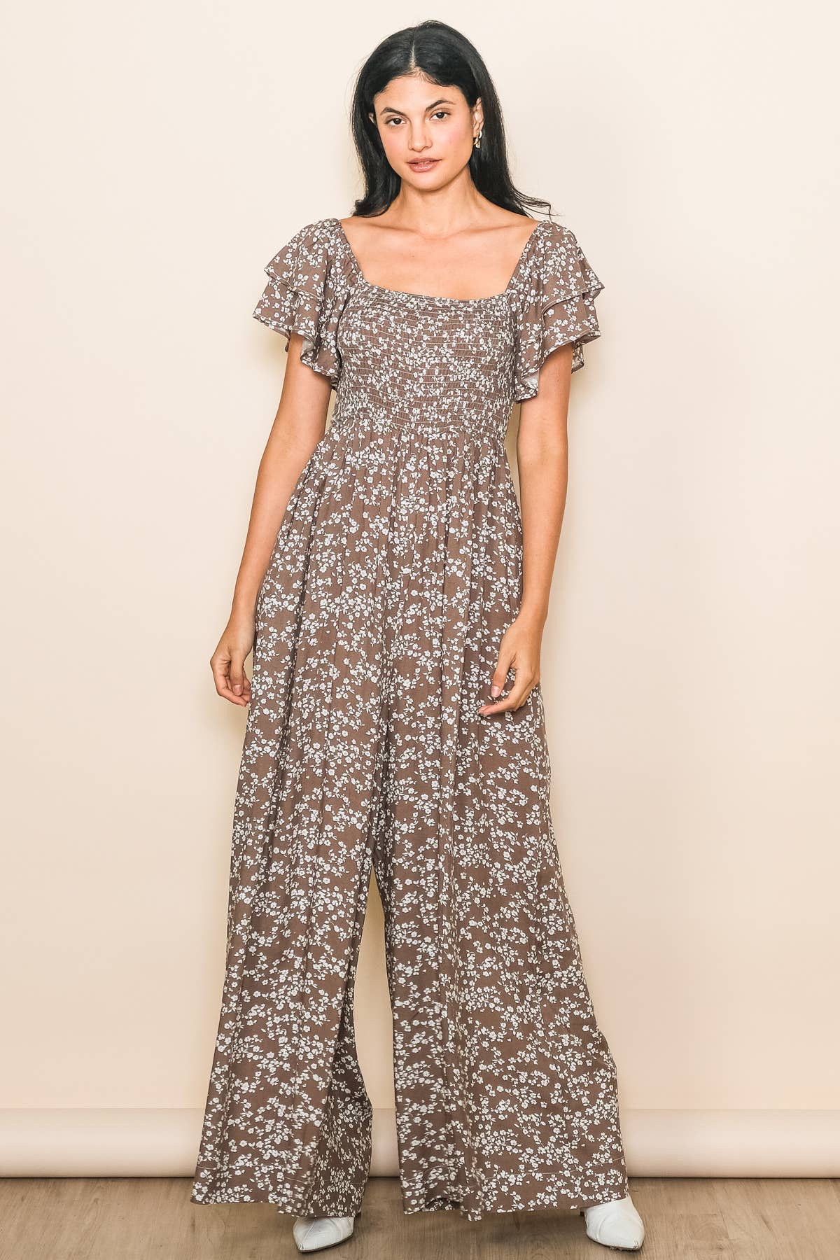 Flutter Sleeve Extra Wide Leg Jumpsuit: Sage / L
