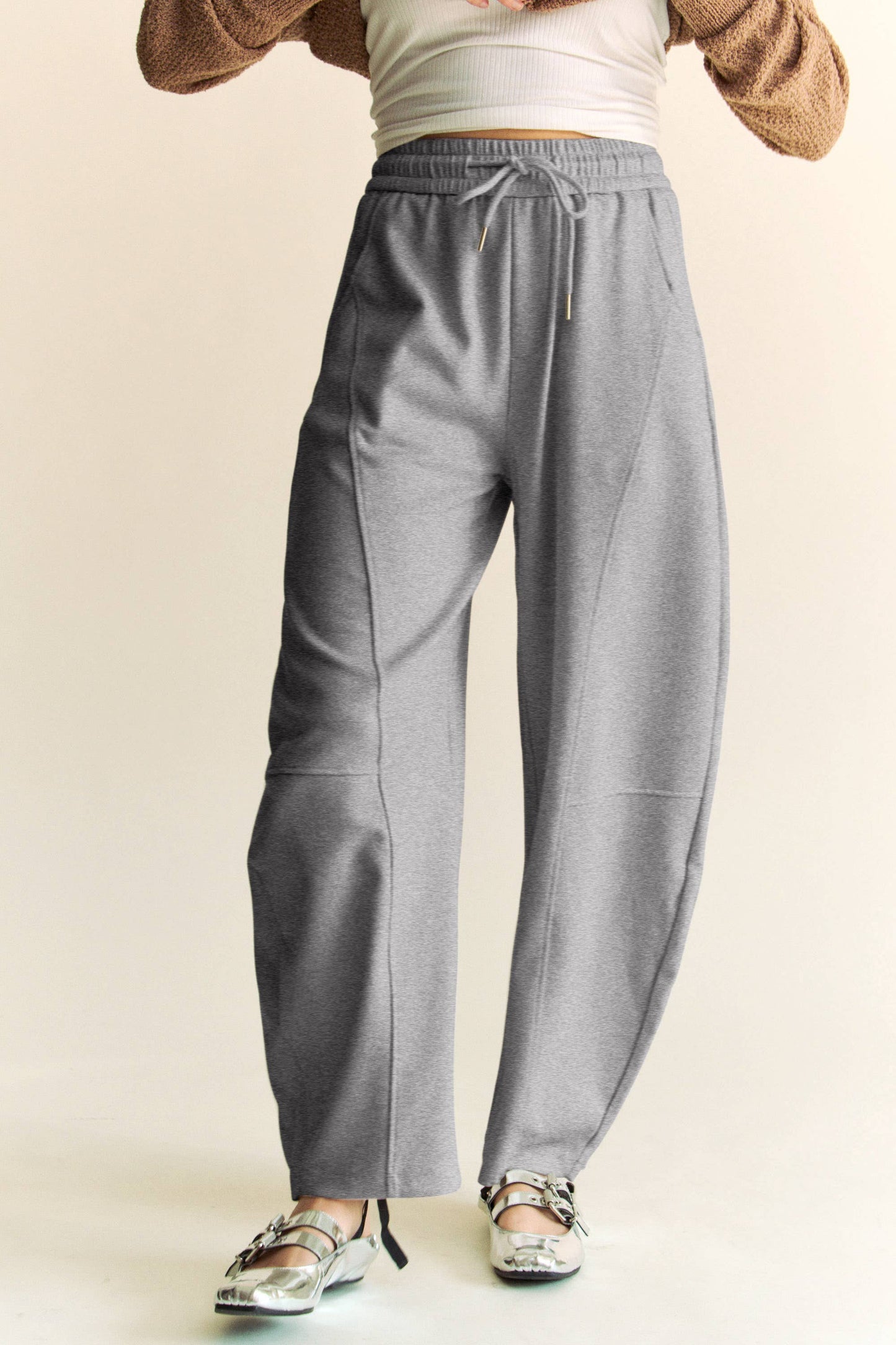 SOLID ELASTIC WAISTBAND POCKETS LONG BARREL PANTS: Khaki / S
