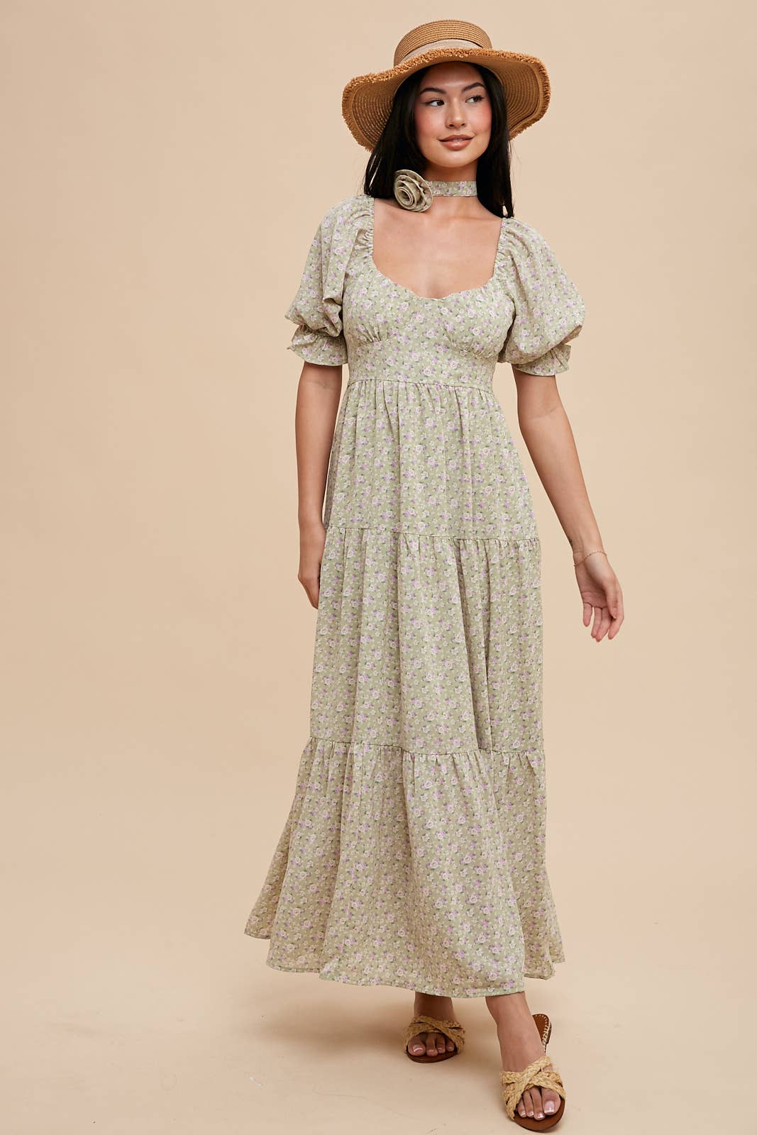 ROSETTE SWEETHEART NECK FLORAL TIERED DRESS: DAFFODIL CREME / L