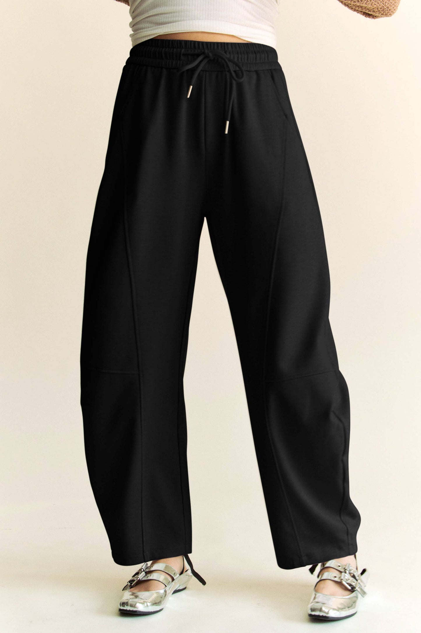 SOLID ELASTIC WAISTBAND POCKETS LONG BARREL PANTS: Khaki / S
