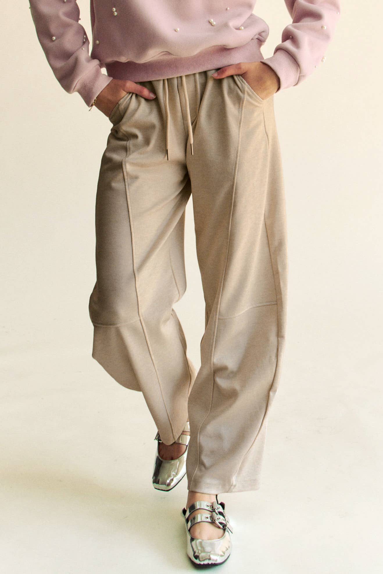 SOLID ELASTIC WAISTBAND POCKETS LONG BARREL PANTS: Khaki / S