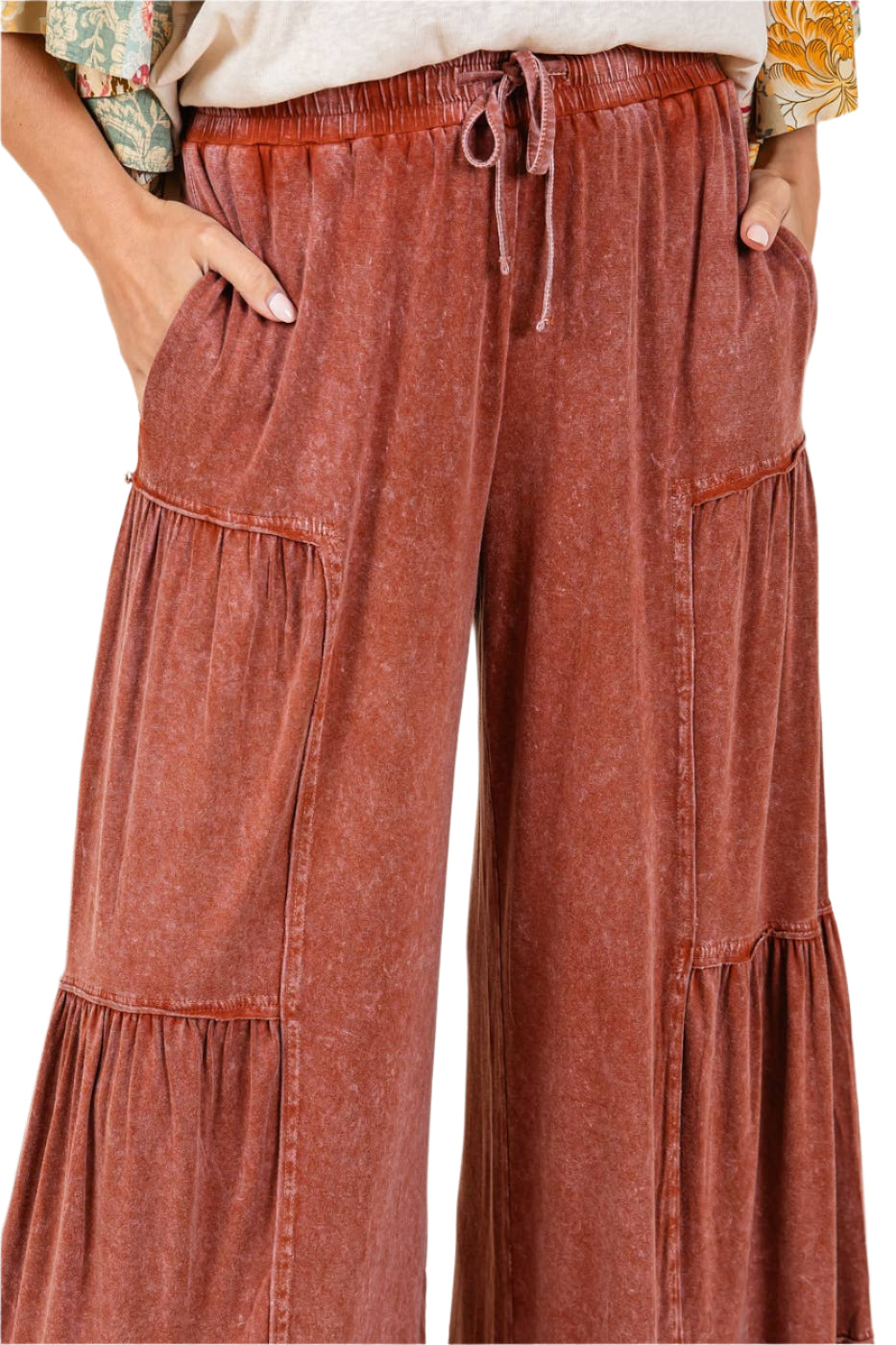MINERAL WASH TIERED WIDE LEG ELASTIC WAIST PANTS: SIENNA