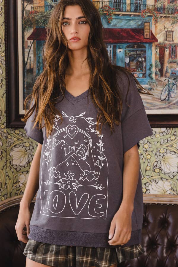 T1277-1 Love Graphic French Terry Loose Fit T-shirt: ASH GREY / S-M-L (2-2-2)