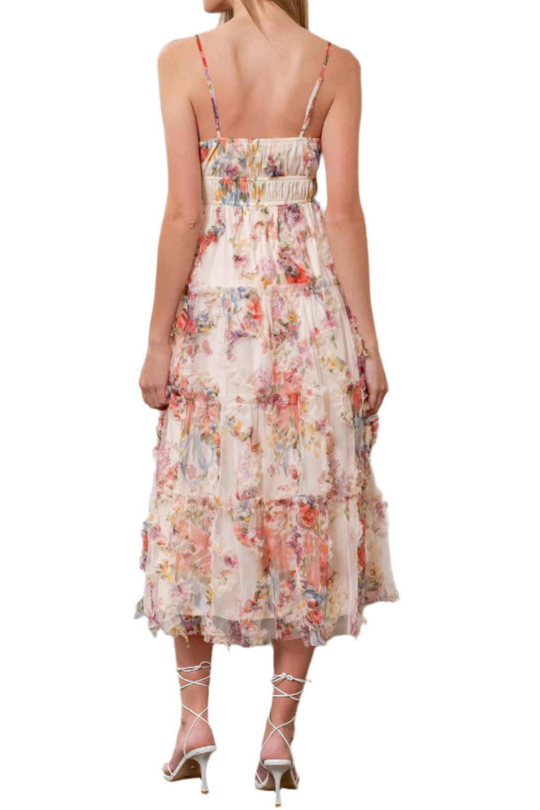 FLORAL PRINT RUFFLE DETAIL SLEEVELESS MAXI DRESS: CREAM
