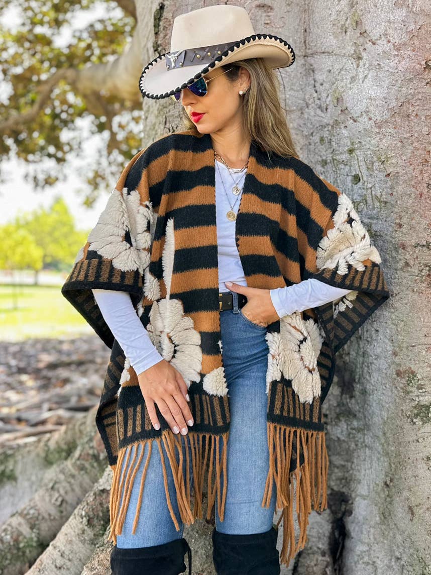 Brown Western Boho 3D Floral Fringe Ruana Cardigan: Brown / One Size