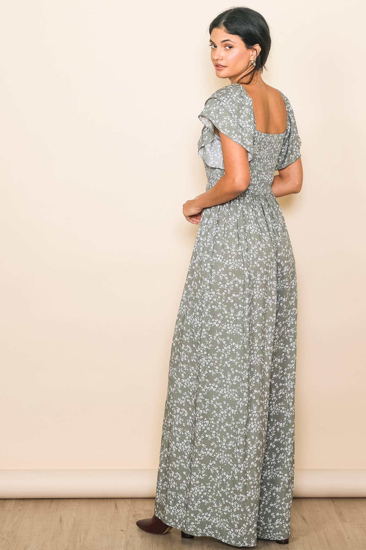Flutter Sleeve Extra Wide Leg Jumpsuit: Sage / L