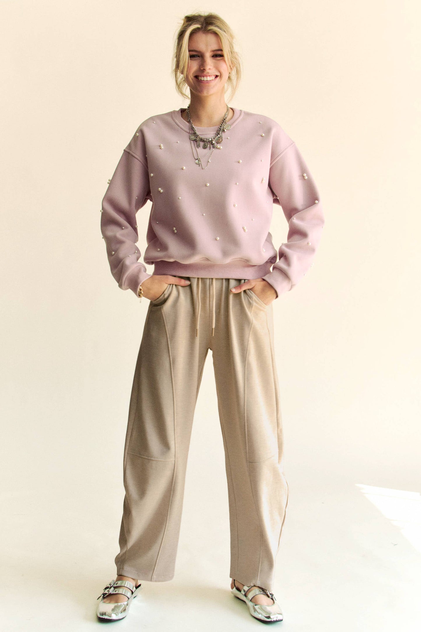 SOLID ELASTIC WAISTBAND POCKETS LONG BARREL PANTS: Khaki / S