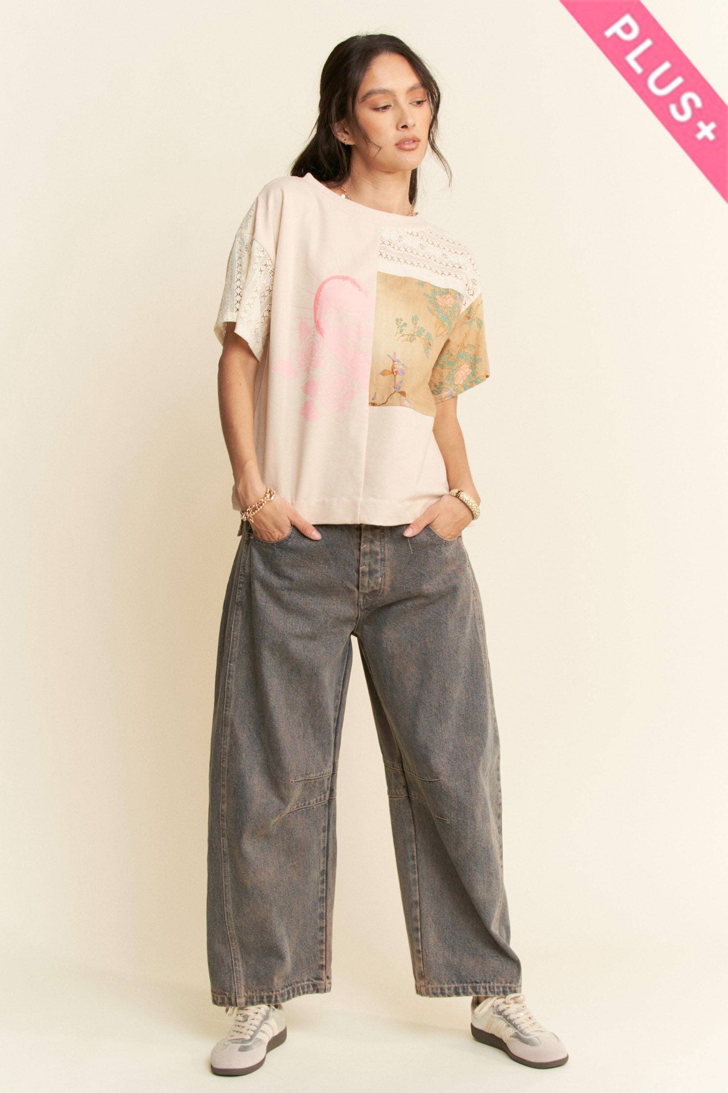 PLUS PATCH WORK MULTI BODICE SHORT SLEEVE TOP: NATURAL MULTI / 1XL