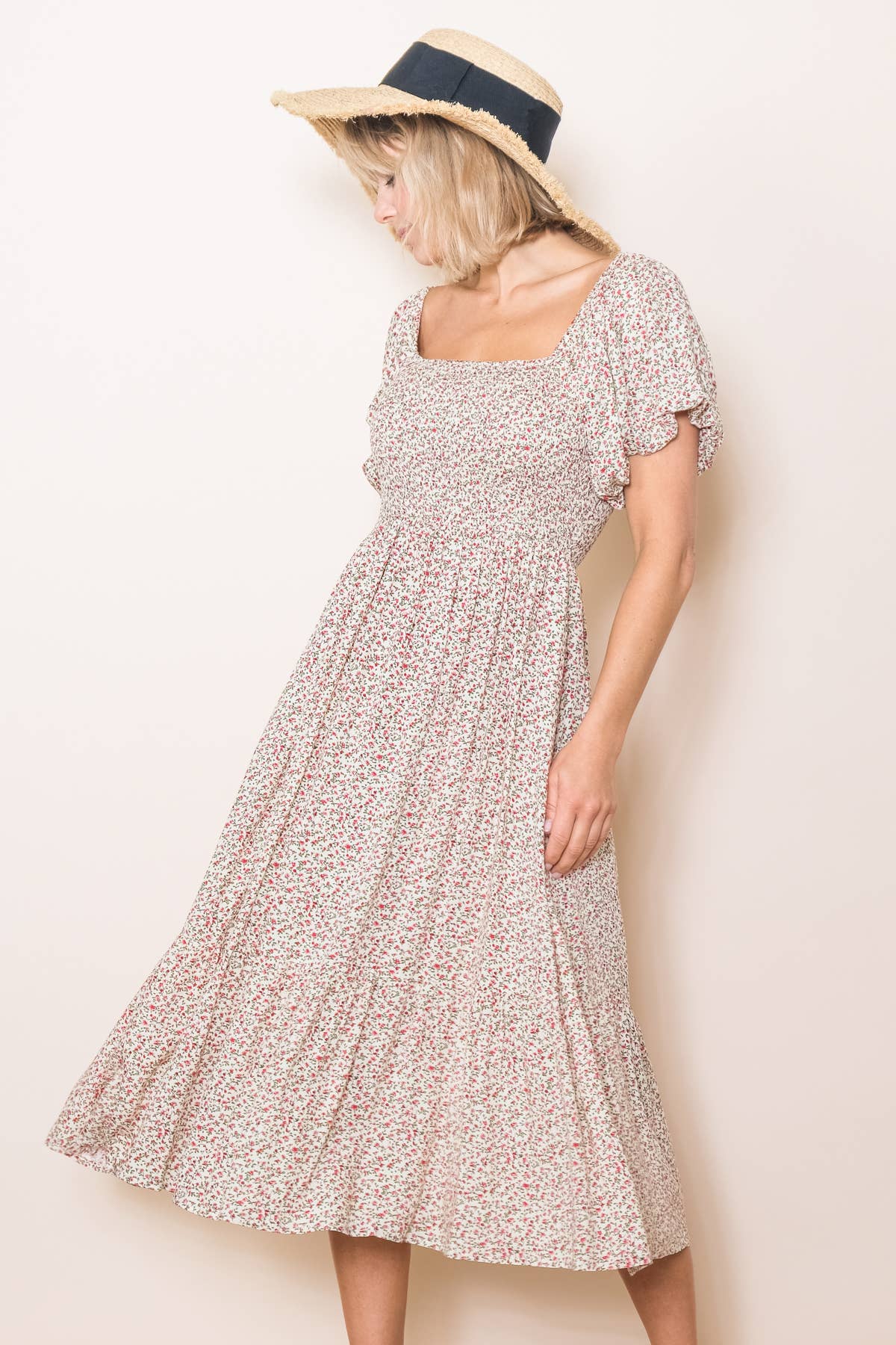 Vintage Tiny Floral Flattering Midi Dress: Cream / M