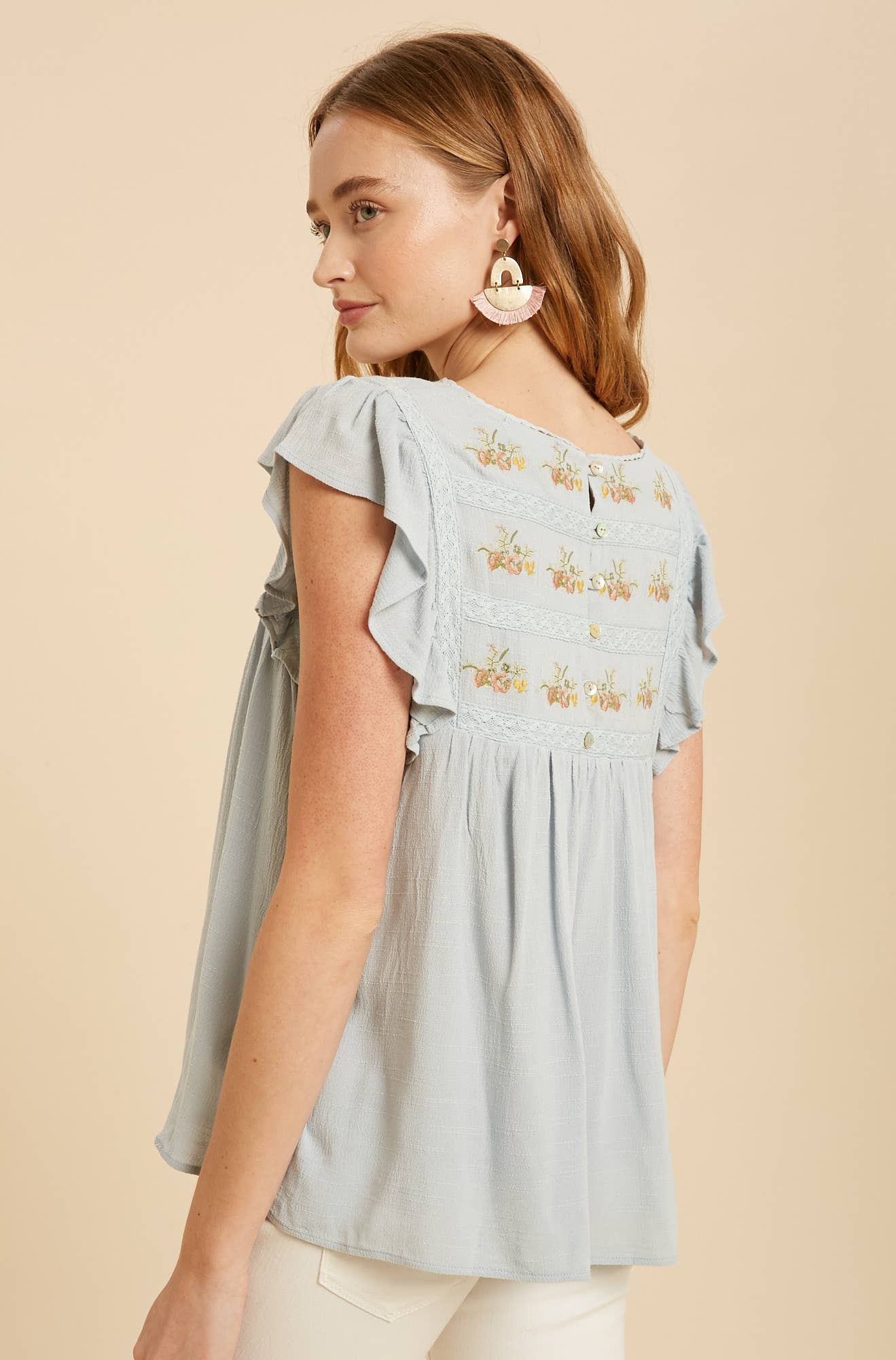 FLORAL EMBROIDERED BABYDOLL TOP: PALE LILAC / S
