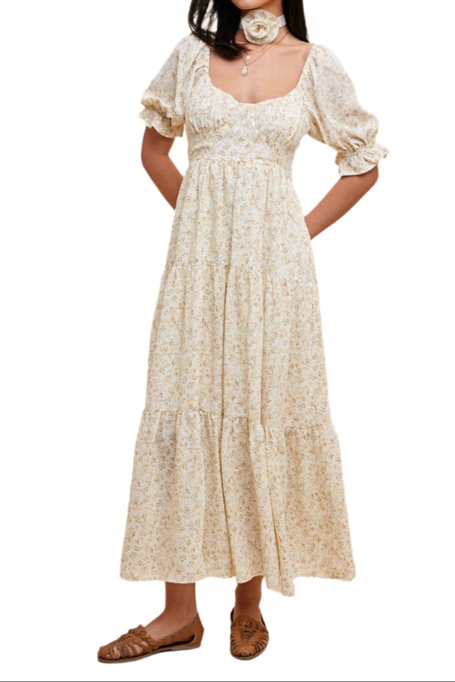 ROSETTE SWEETHEART NECK FLORAL TIERED DRESS: DAFFODIL CREME