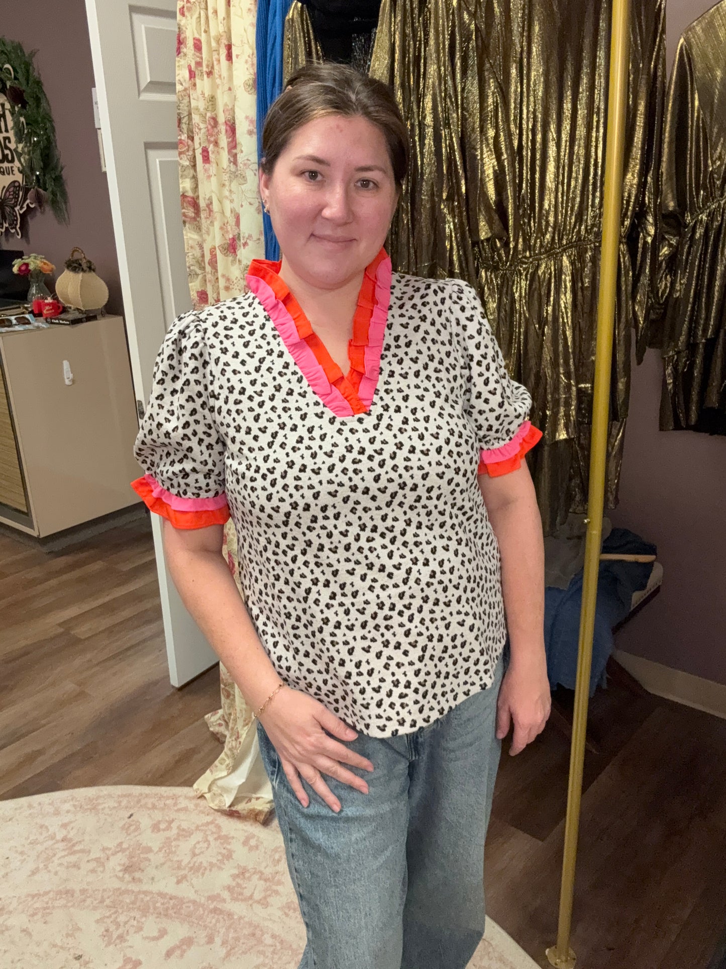 Animal Print Ruffle Blouse Sweater