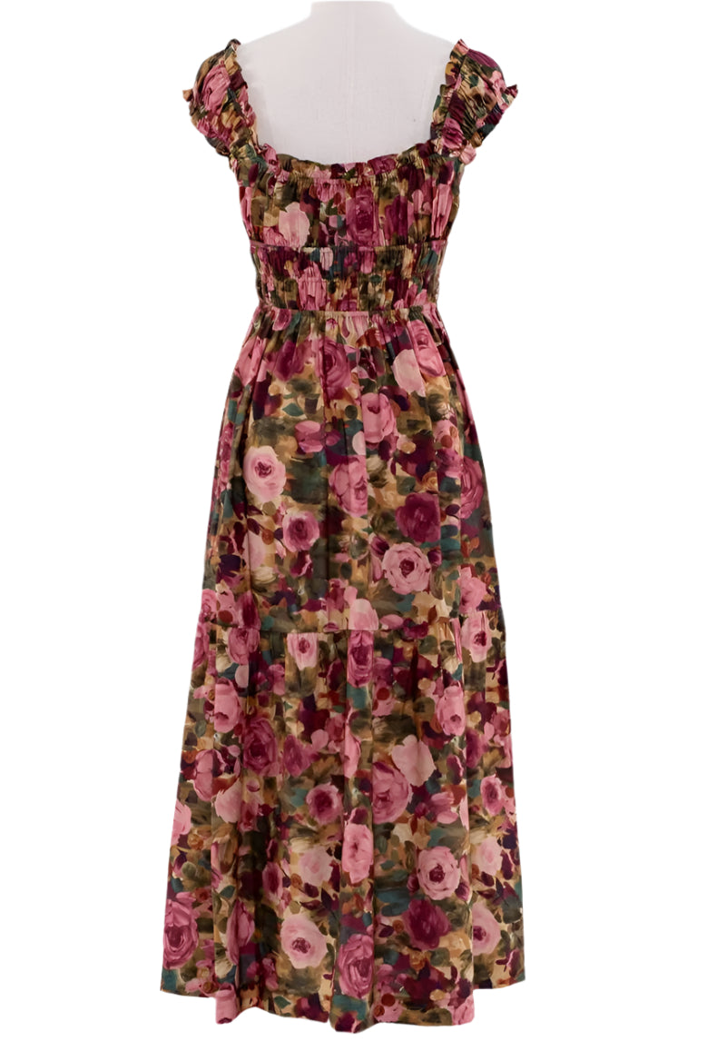 FLORAL SHORT SLEEVE SHIRRED SMOCK MIDI DRESS: OLIVE