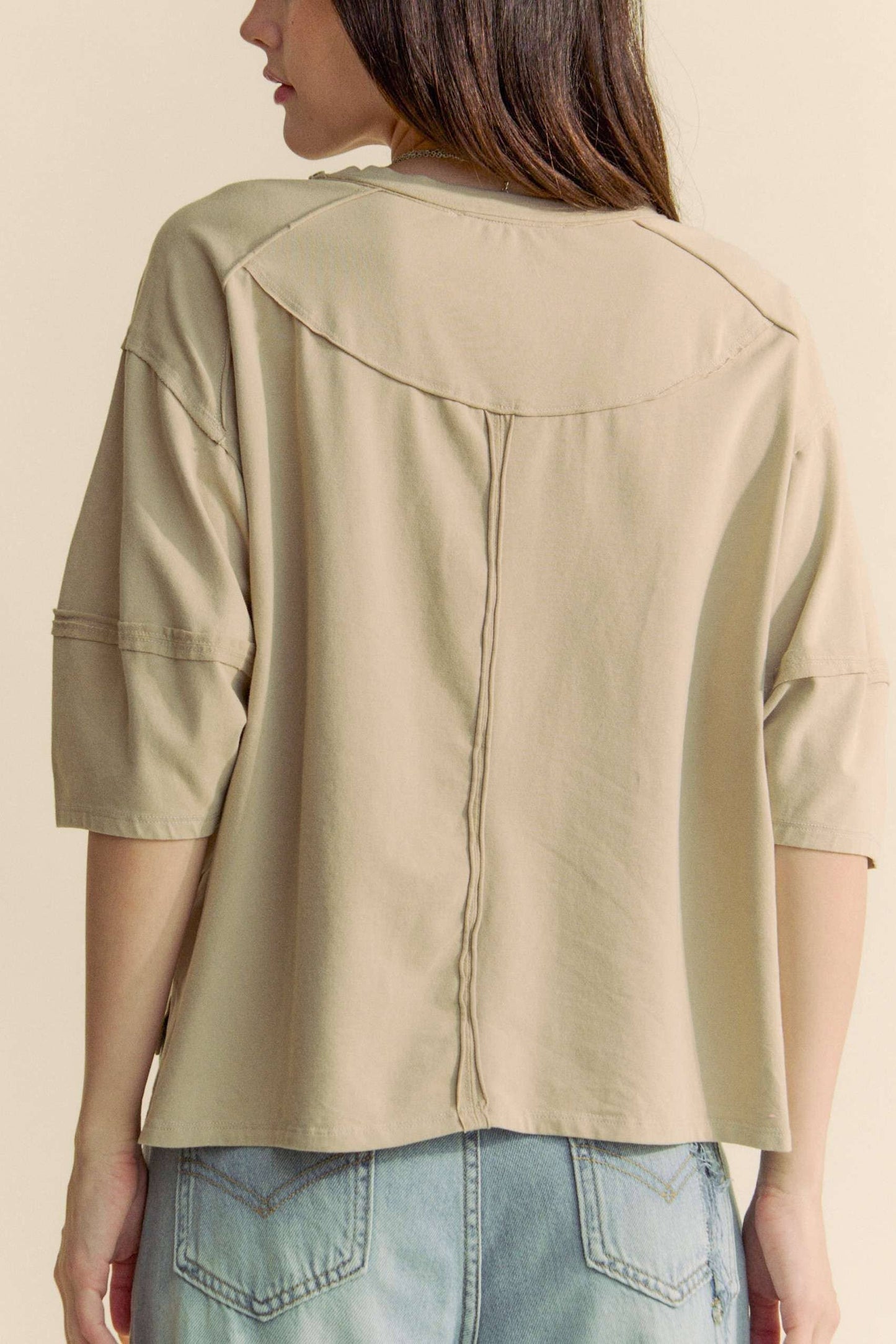 CROCHET DROP SHOULDER LOOSE FIT SHORT SLEEVE TOP: Khaki