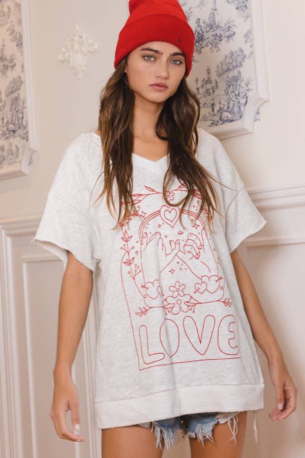 T1277-1 Love Graphic French Terry Loose Fit T-shirt: ASH GREY / S-M-L (2-2-2)