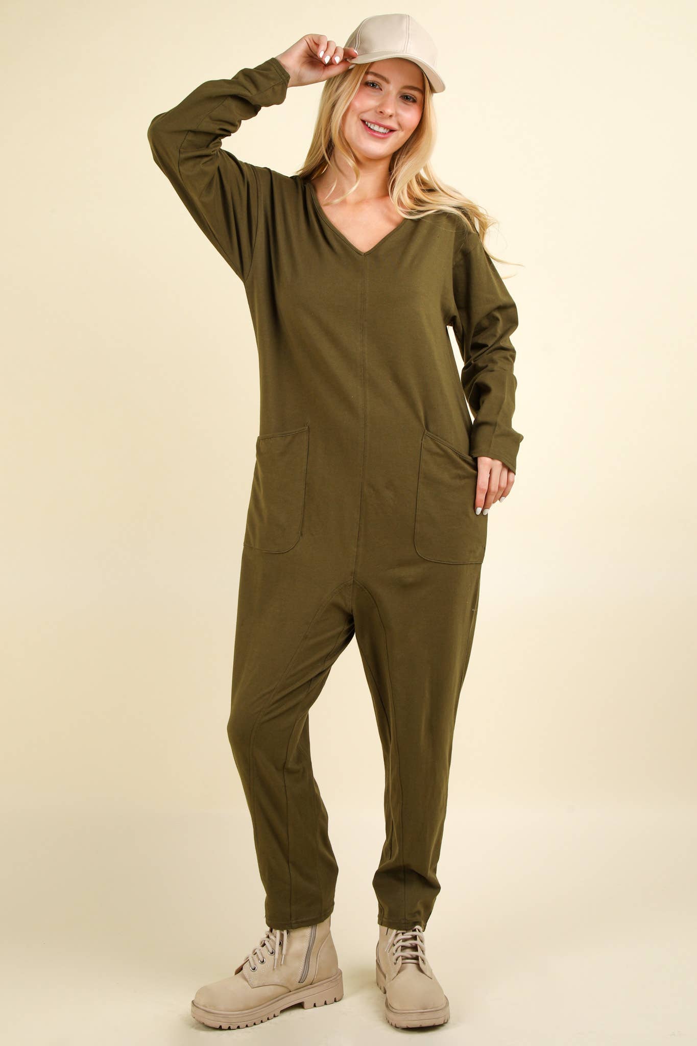 NP70679X-PLUS SIZE Solid Knit Baggy Comfy Jumpsuit: OLIVE / 1XL-2XL-3XL/3-2-1