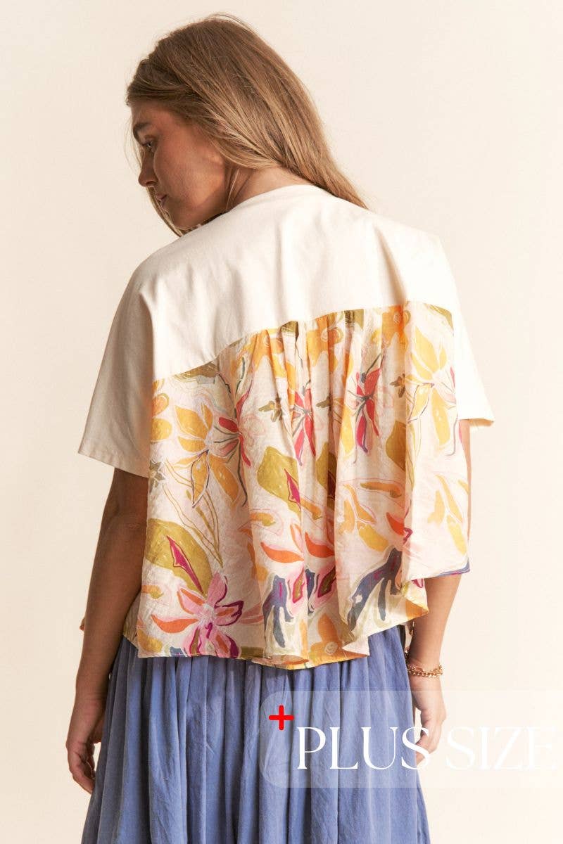 Floral Print PEACE Logo Flowy Top 1X-3X: Egg Shell / 1XL