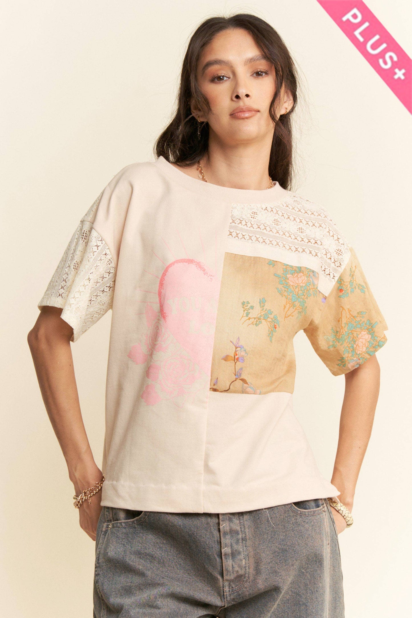 PLUS PATCH WORK MULTI BODICE SHORT SLEEVE TOP: NATURAL MULTI / 1XL