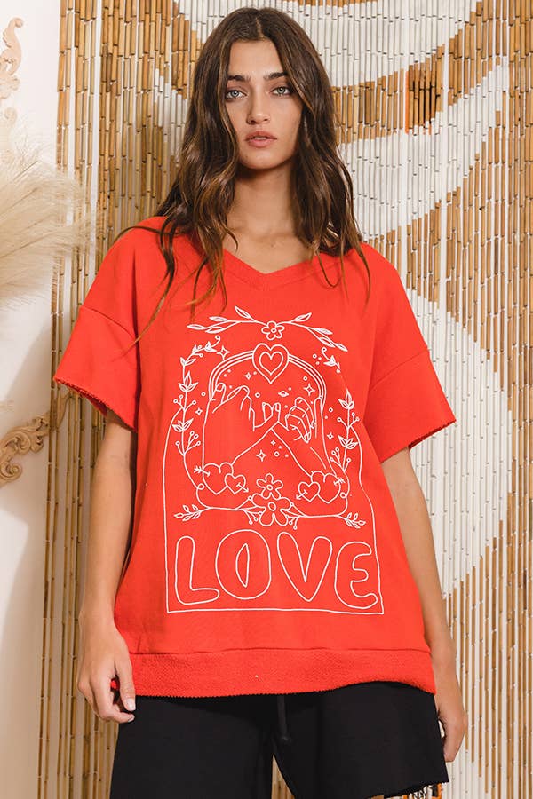 T1277-1 Love Graphic French Terry Loose Fit T-shirt: ASH GREY / S-M-L (2-2-2)
