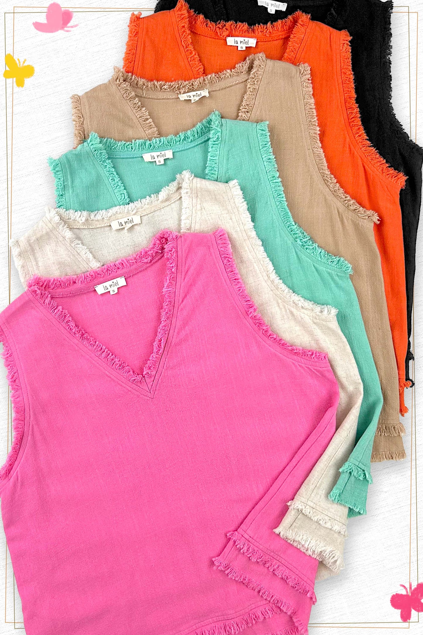 HBT7635-Soft Washed Gauze Cut Edge Sleeveless V-neck Top: Candy / L